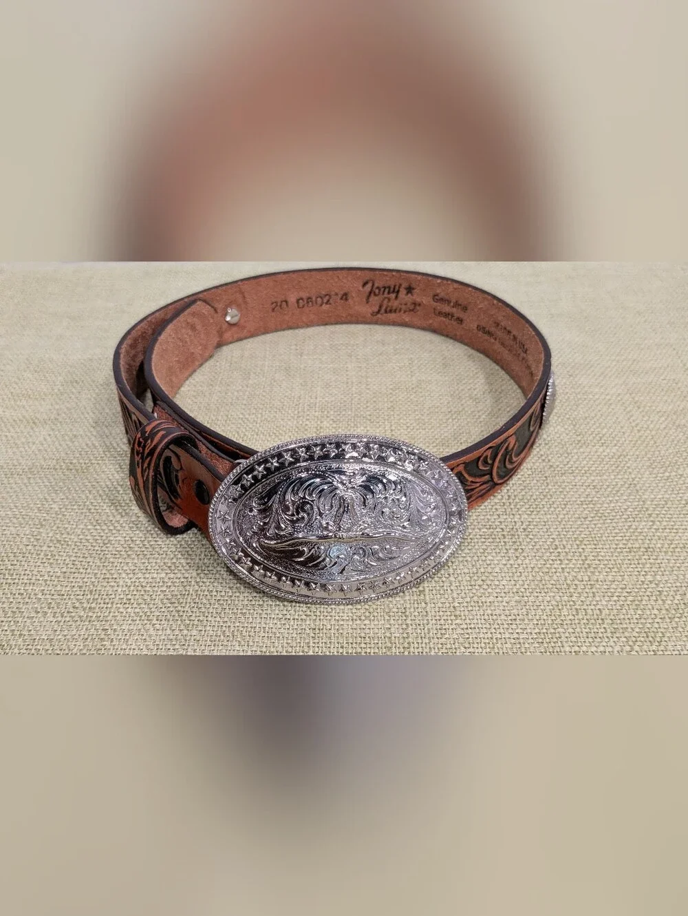 Tony Lama Kids Western Brown Leather US Flag Embossed Silver Buckle & Studs 7/21